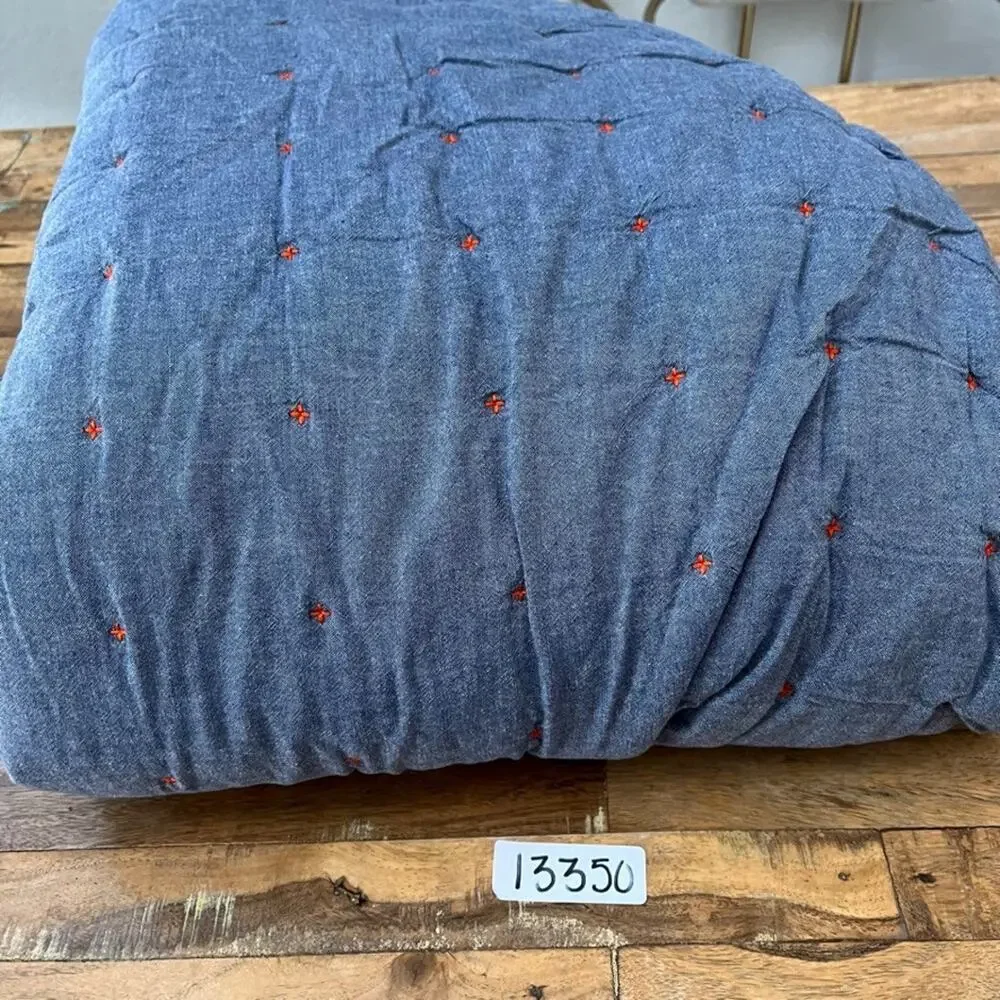 Crate & Barrel Blue Chambray Twin Quilt 66x86 in Orange Accent Stitching